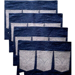 Manual Set of 4 Heavy Duty Denim Placemats 3 Utensil Pockets Blue Cotton 13"x18"
